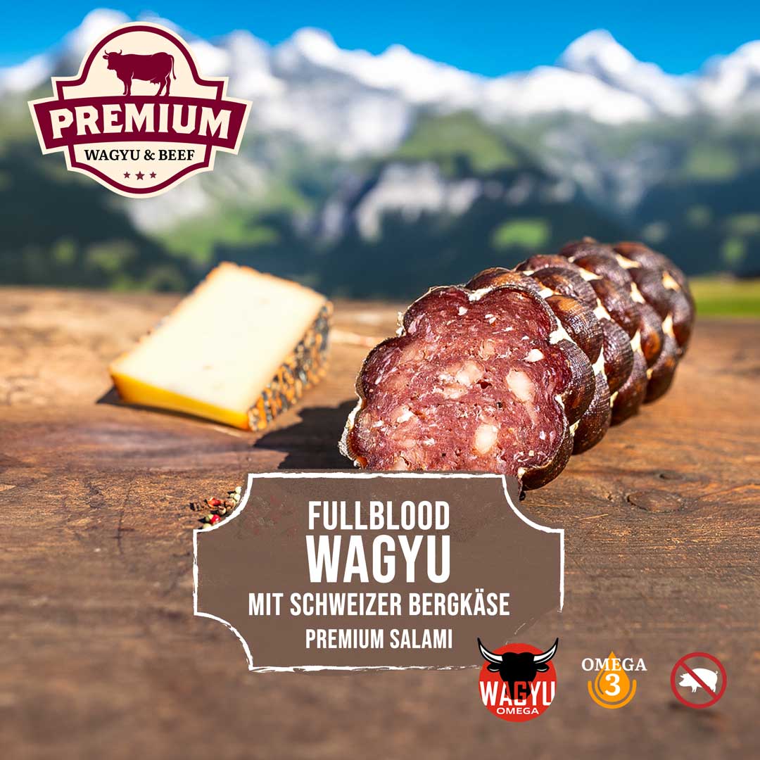 Premium Salami – Fullblood Wagyu mit Schweizer Bergkäse – 100% Wagyu Rindfleisch