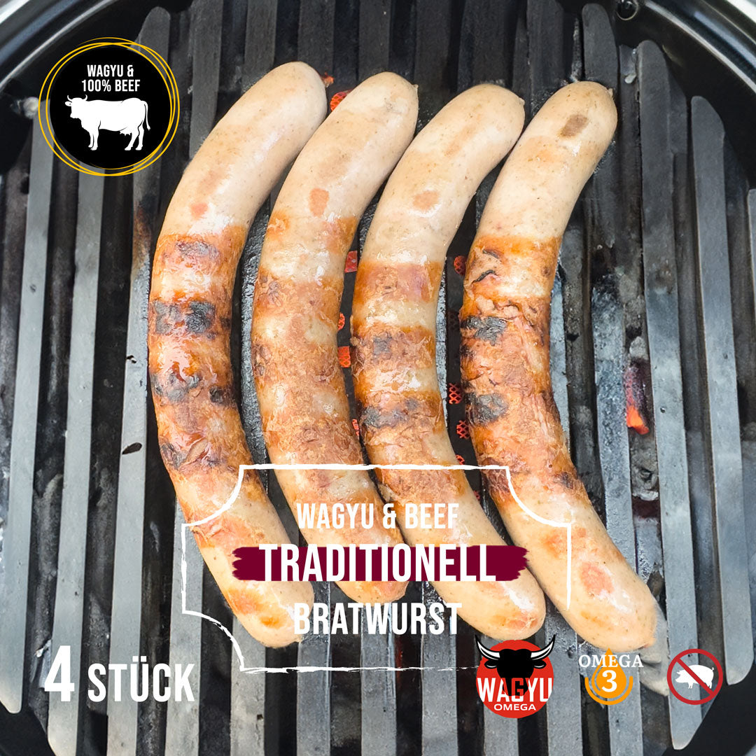 Wagyu & Beef Bratwurst mit traditionellem Geschmack - ohne Schwein: Dieses Bild zeigt die handwerklich hergestellte Bratwurst mit 100% reinem Rindfleisch, ideal für Liebhaber hochwertiger Fleischprodukte.