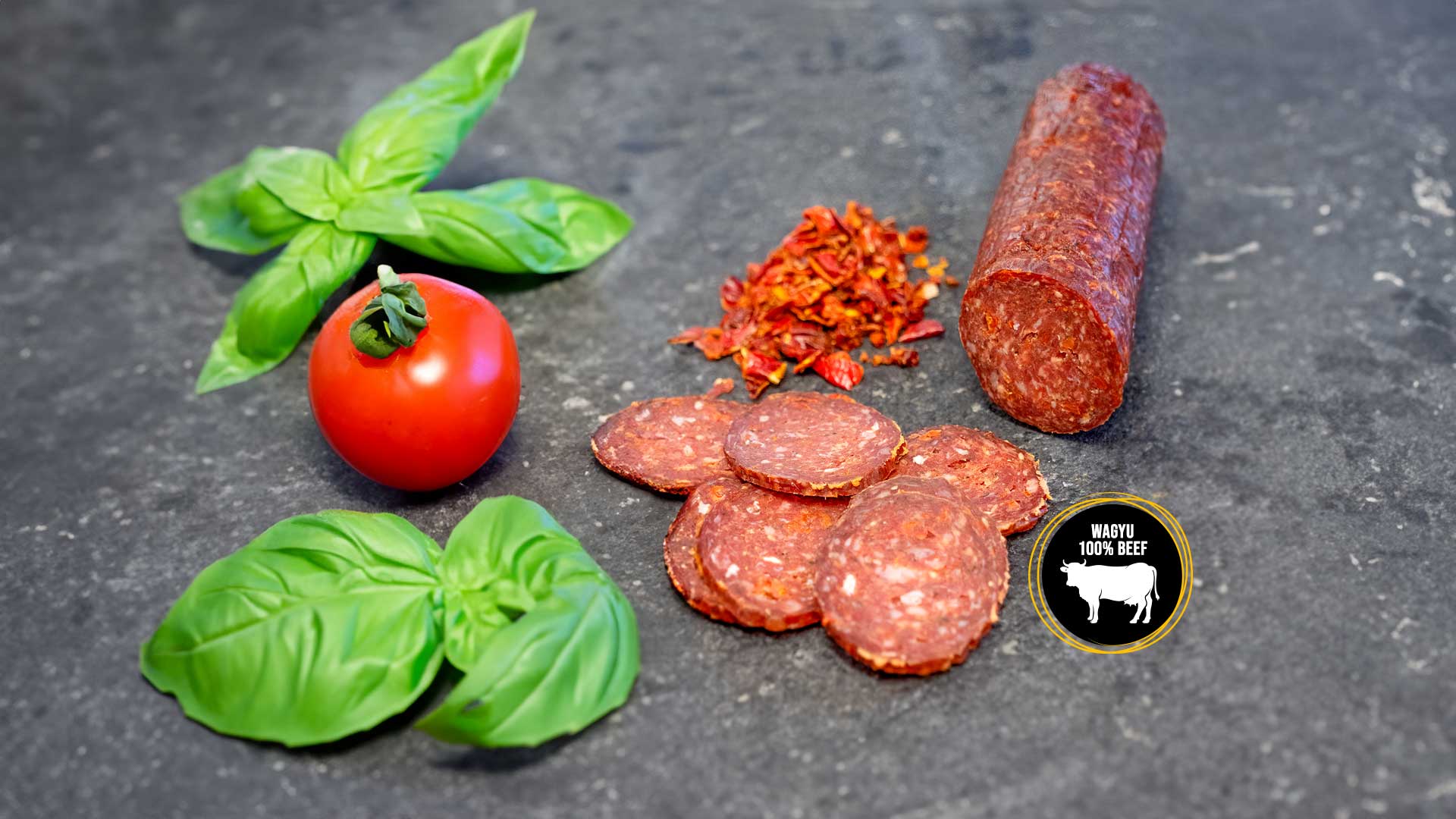 Wagyu - Bruschetta Tomaten Basilikum Origano - Gourmét Salami - 100% Rindfleisch