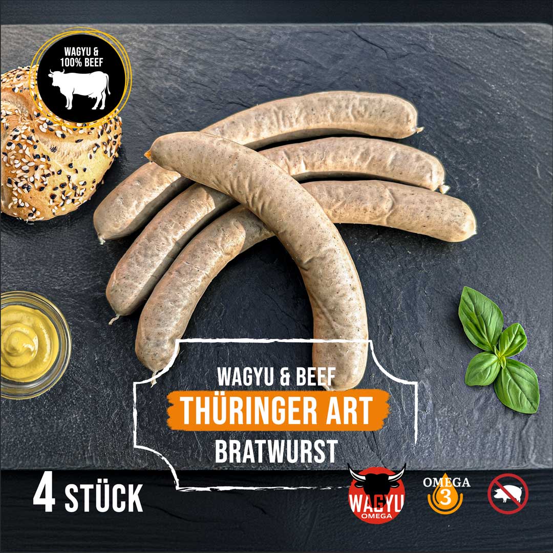 Wagyu & Beef Bratwurst Thüringer Art - 100% reine 4 x Rindfleisch Roster - ohne Schwein