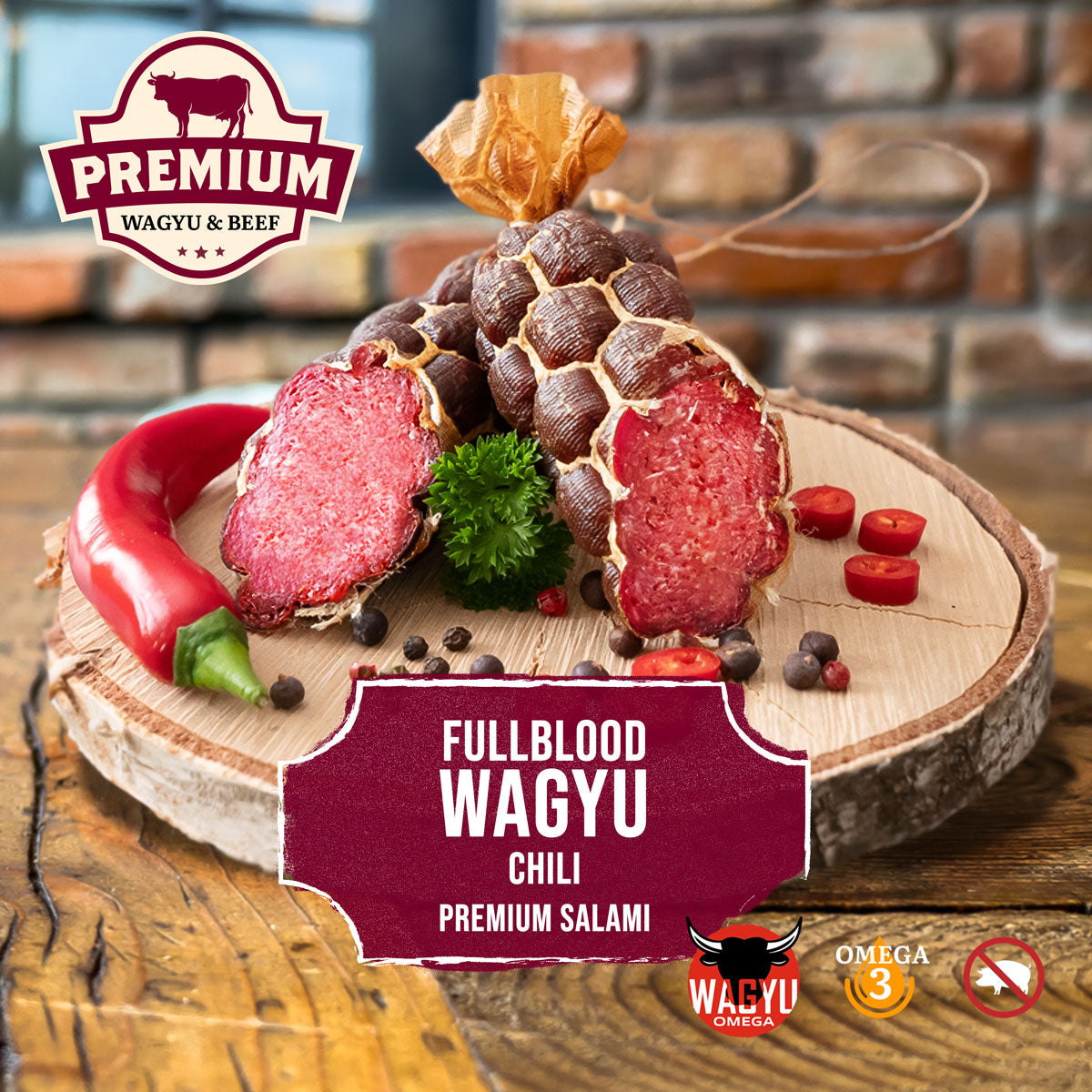 Fullblood Wagyu Chili Premium Salami - Handgefertigte Delikatesse mit intensivem Geschmack und würziger Schärfe.