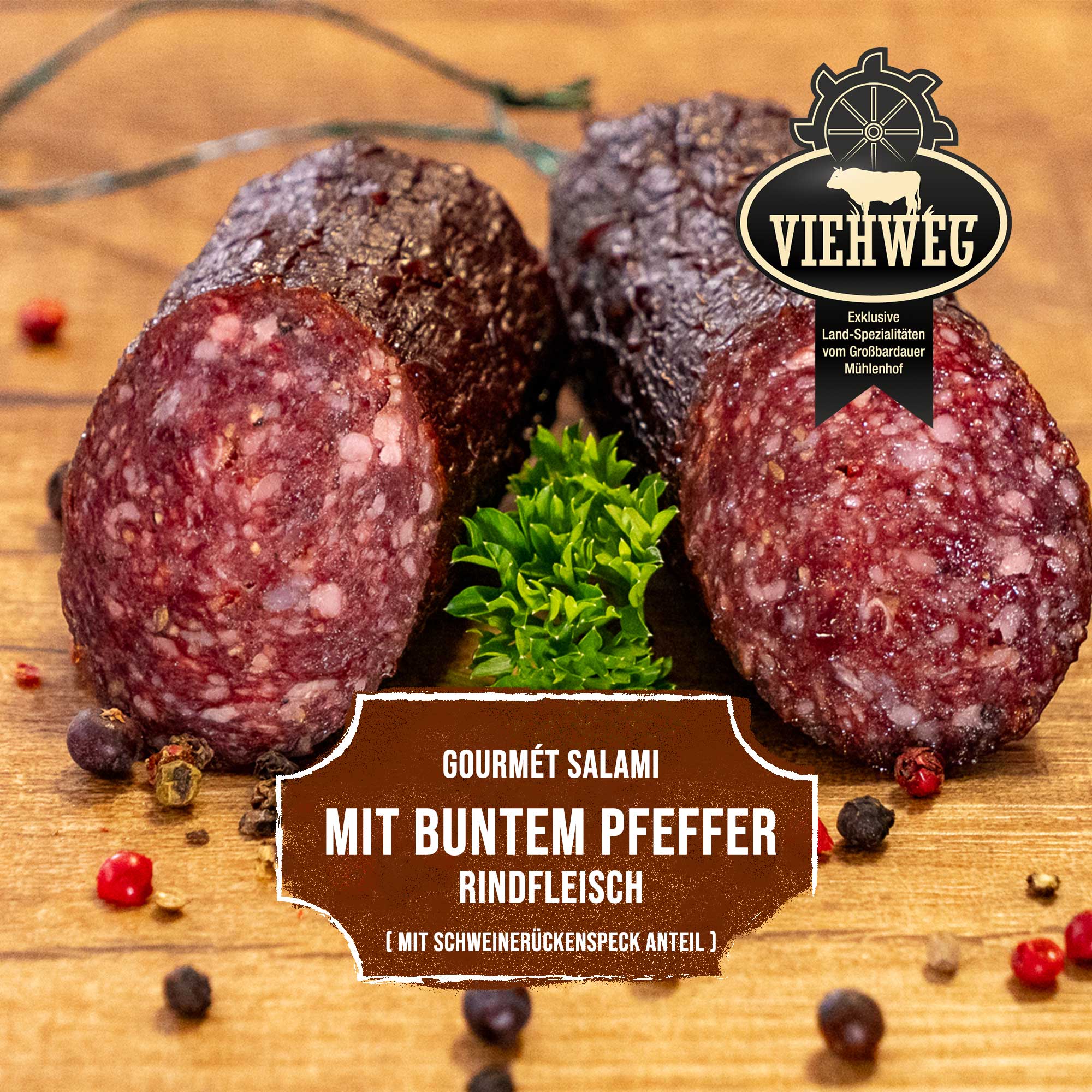 Rindfleisch Salami mit Buntem Pfeffer - Viehweg Spezialitäten - wagyubeef24.com