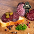 Gourmét-Salami mit buntem Pfeffer vom Rind ( mit Schweinerückenspeck Anteil )