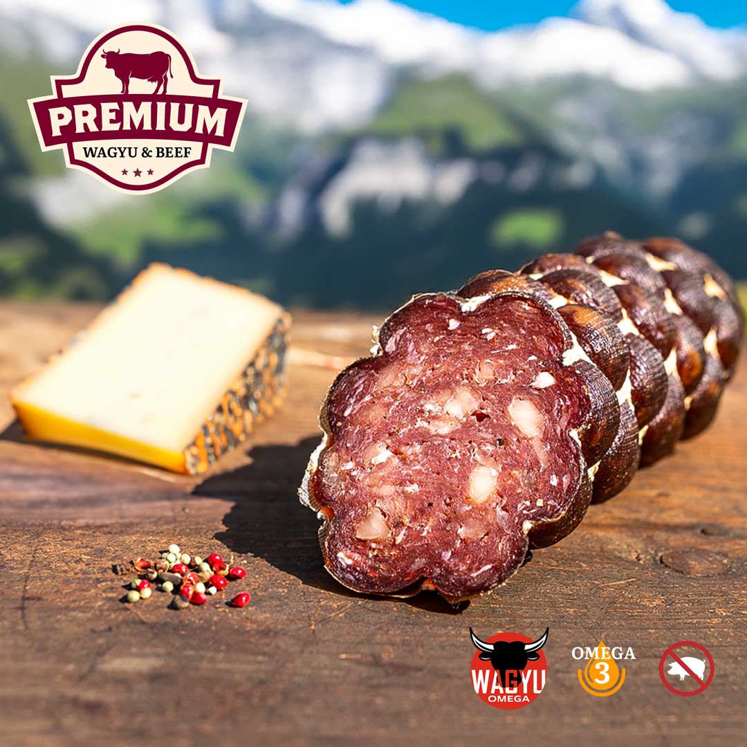 Premium Salami – 100% Fullblood Wagyu mit frischem Schweizer Bergkäse – 100% Wagyu Rindfleisch