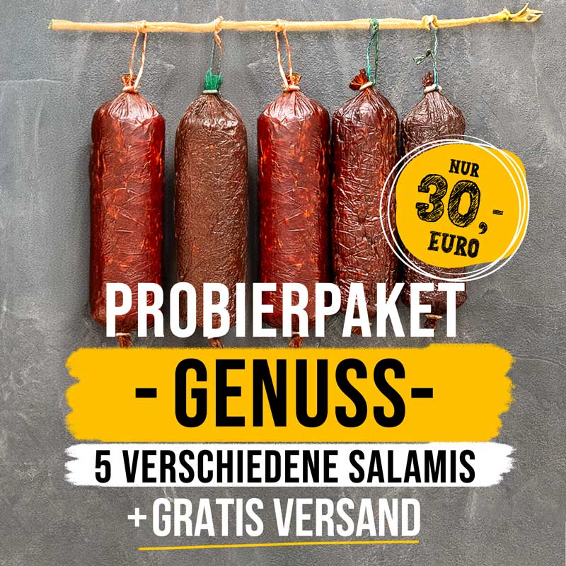 Probierpaket - Genuss- 5 verschiedene Rindfleisch Salamis + Gratis Versand - bei wagyubeef24.com