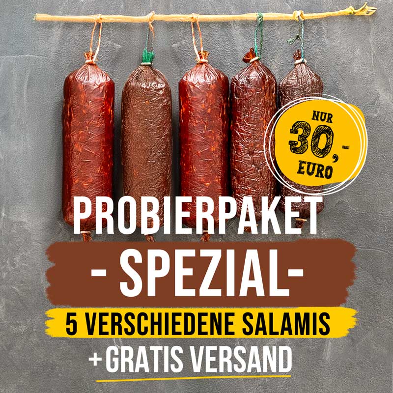 Probierpaket - Spezial- 5 verschiedene Rindfleisch Salamis + Gratis Versand - bei wagyubeef24.com