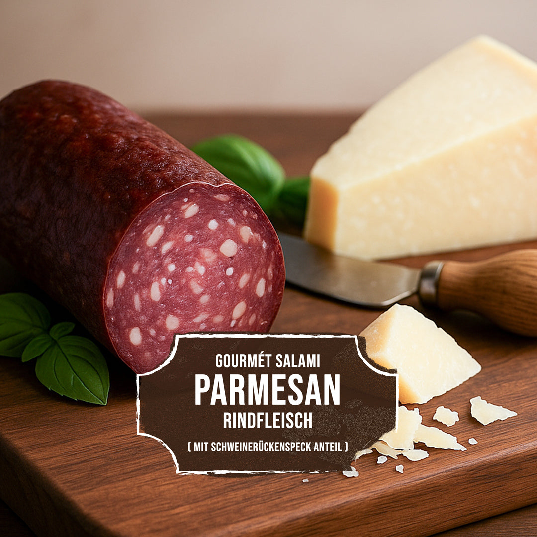 Parmesan Rindfleisch Salami - hauseigene Herstellung der Salami, von Hand gefertigt und mit viel Liebe hergestellt