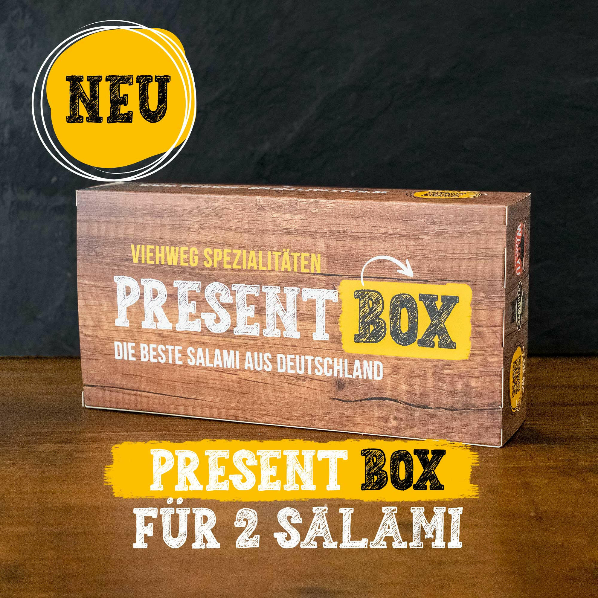 Premium Salami Presentbox - Doppelausgabe - für 2 Salami Geschenkbok - Viehweg Spezialitaeten