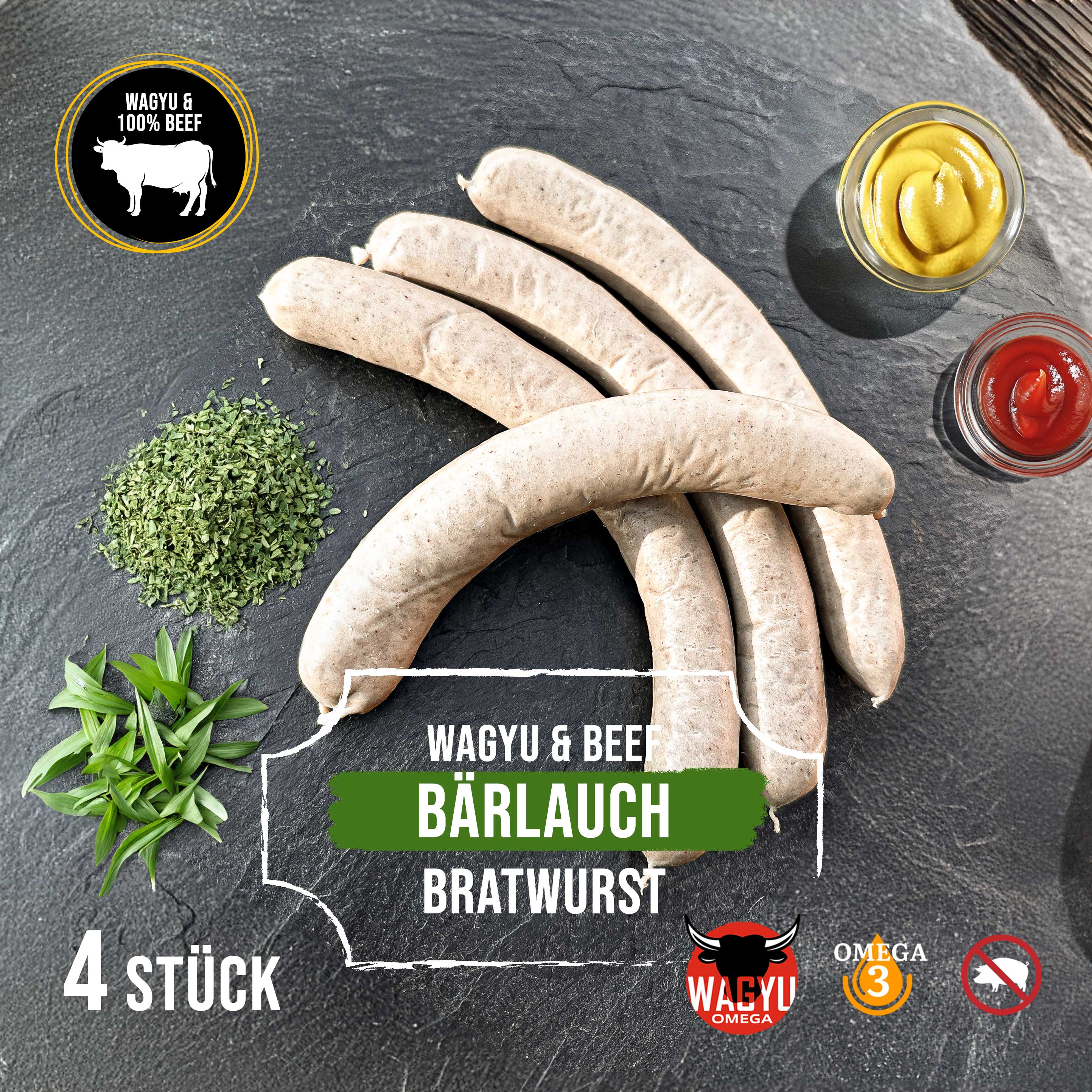 Wagyu & Beef Bratwurst mit Bärlauch - 100% reine 4 x Rindfleisch Roster - ohne Schwein, Bärlauchroster, Roster mit Bärlauch reines Rinfleisch, Rindfleischroster Bärlauch
